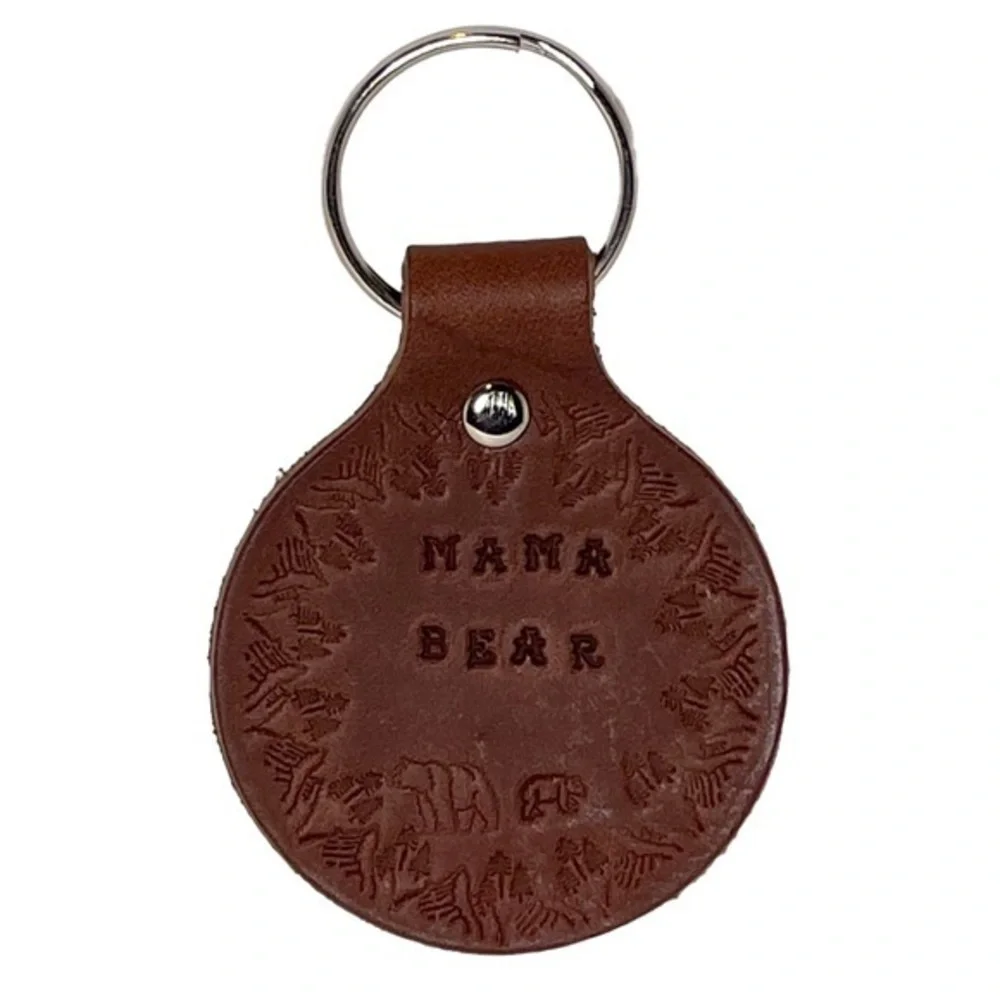 Handmade stamped Mama Bear nature brown 100% leather silver aluminum‎ keychain